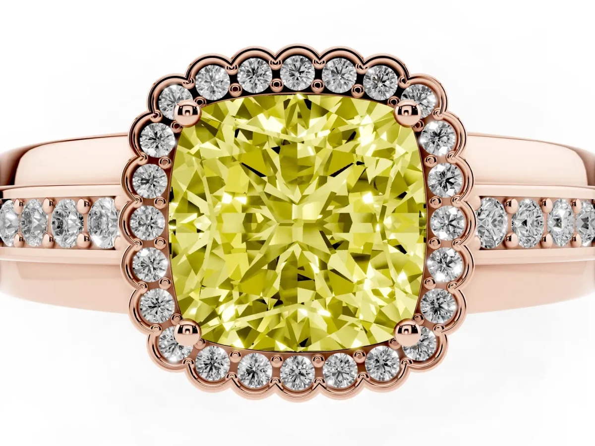 Fancy Yellow Cushion Cut Cut Halo Pave Band Four-Prong Ring Rose gold