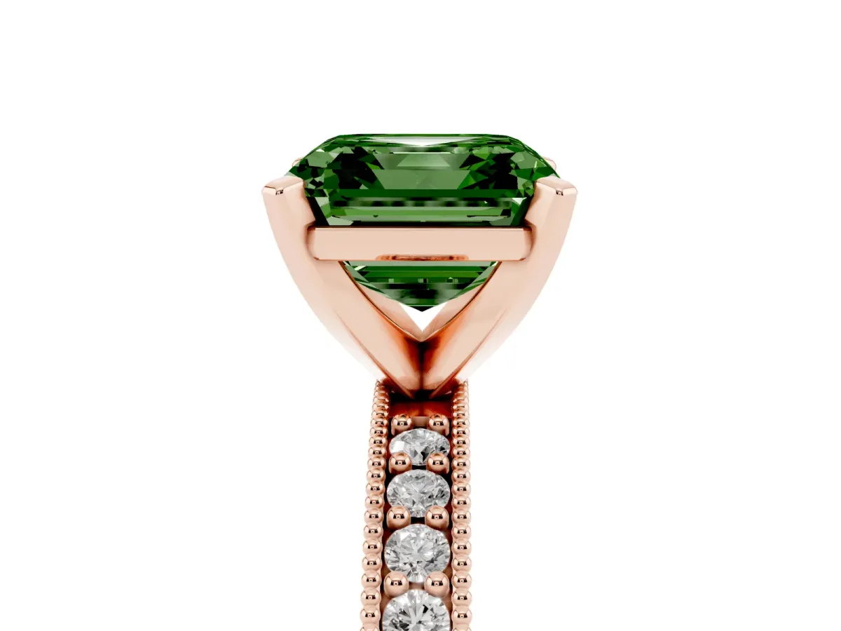 Fancy Green Asscher Cut Diamond Milgrain Pavé Engagement Ring with Four-Prong Setting Rose gold