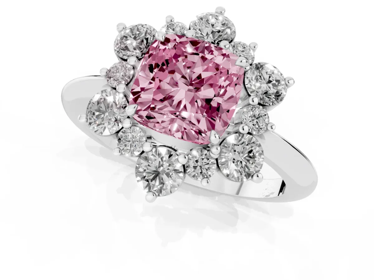 Fancy Pink Cushion Cut Diamond Cluster Halo Ring with Solitaire Band and Four-Prong Setting Silver