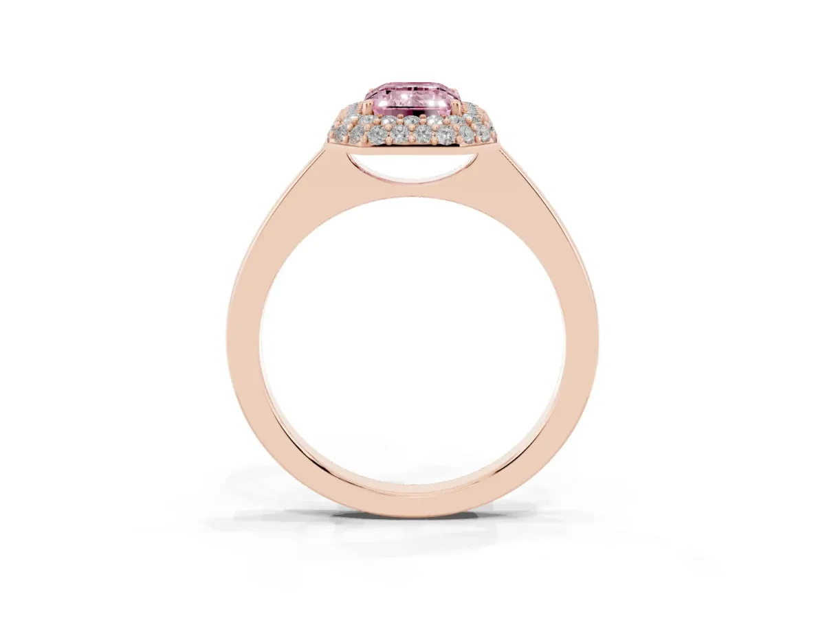 Fancy Pink Emerald Cut Halo Diamond Engagement Ring with Solitaire Band and Four-Prong Setting Rose gold