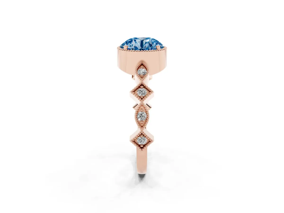 Fancy Blue Round Cut Milgrain Marquise Diamond Twist Band Ring Rose gold