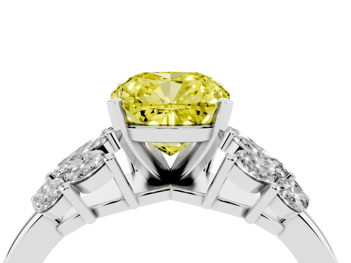 Fancy Yellow Cushion Cut Diamond Cluster Leaf Design Ring with Prong Setting Silver