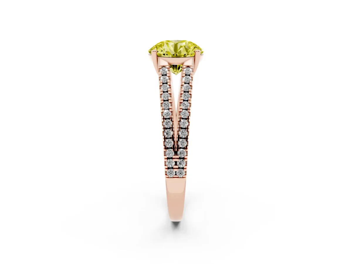 Fancy Yellow Round Cut Diamond Solitaire Engagement Ring with Split Shank Pavé Band Rose gold