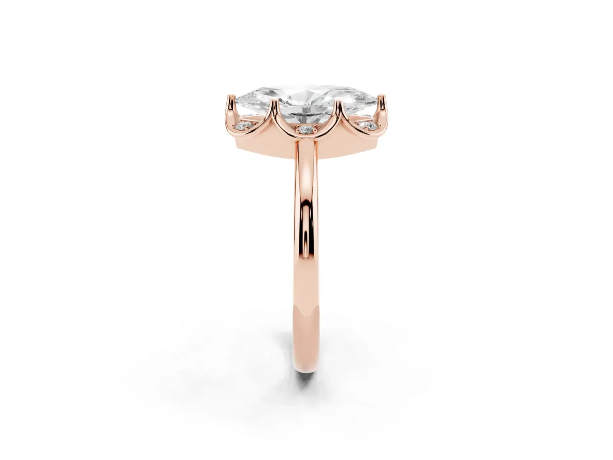 Marquise Cut Halo Diamond Ring with Round Cluster Setting, Solitaire Band, and Four-Prong Setting Rose gold