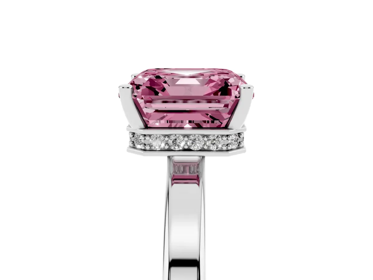 Fancy Pink Asscher Cut Cut Solitaire Engagement Ring with Four-Prong Setting on a Classic Band Silver