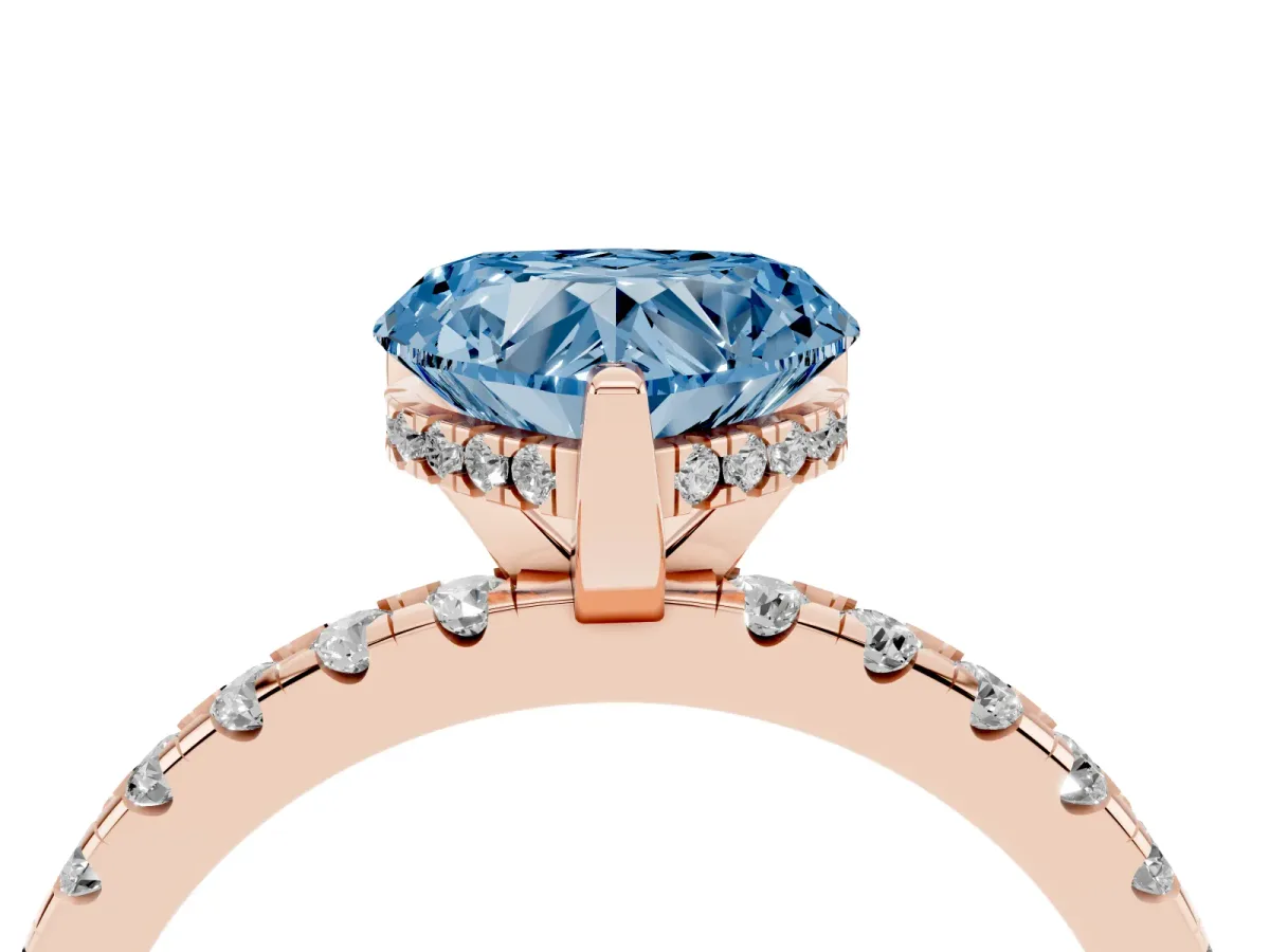 Fancy Blue Heart Cut Diamond Solitaire Ring with Round Pavé Band and Four-Prong Setting Rose gold