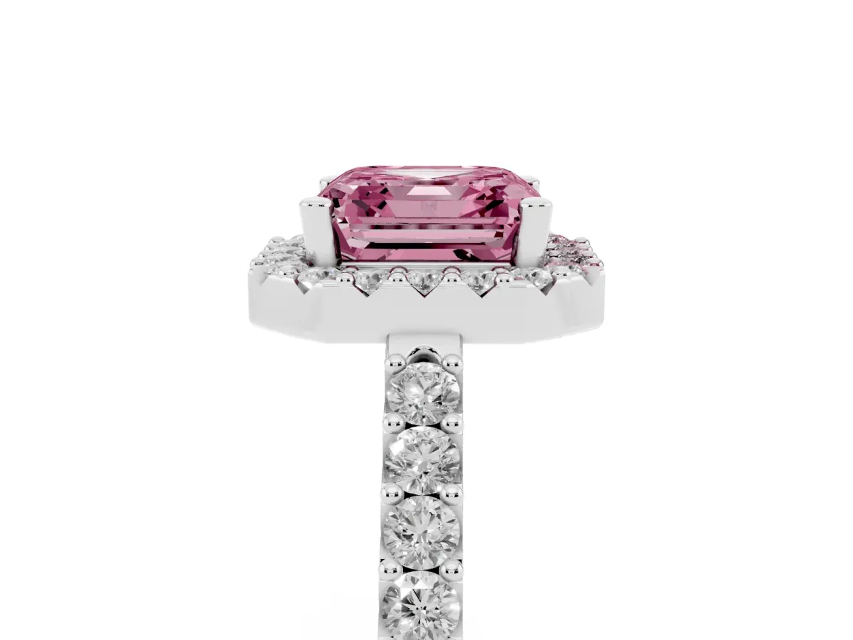 Fancy Pink Asscher Cut Halo Diamond Pavé Solitaire Ring Platinum
