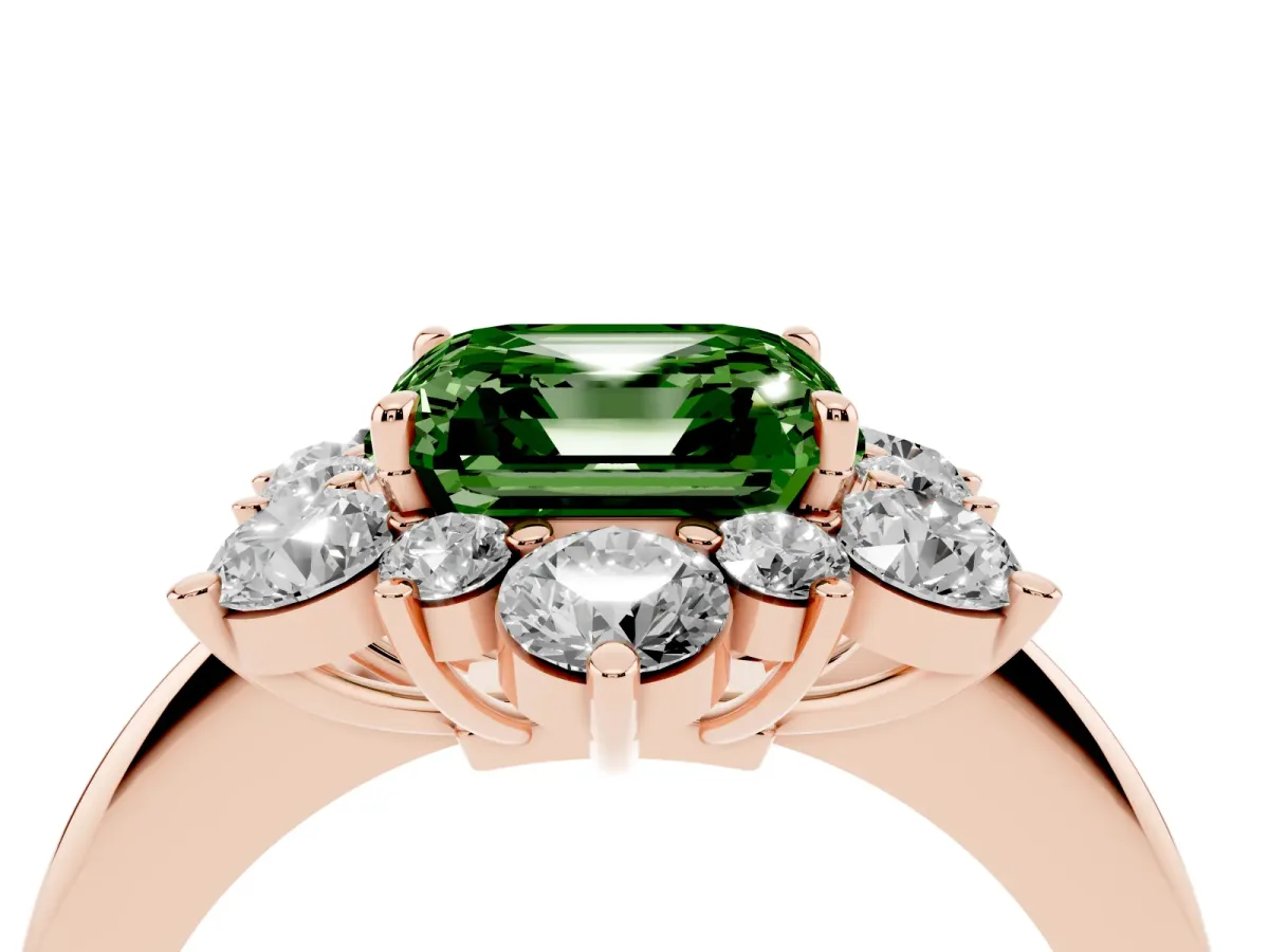 Fancy Green Asscher Cut Diamond Cluster Halo Ring with Solitaire Band and Four-Prong Setting Rose gold
