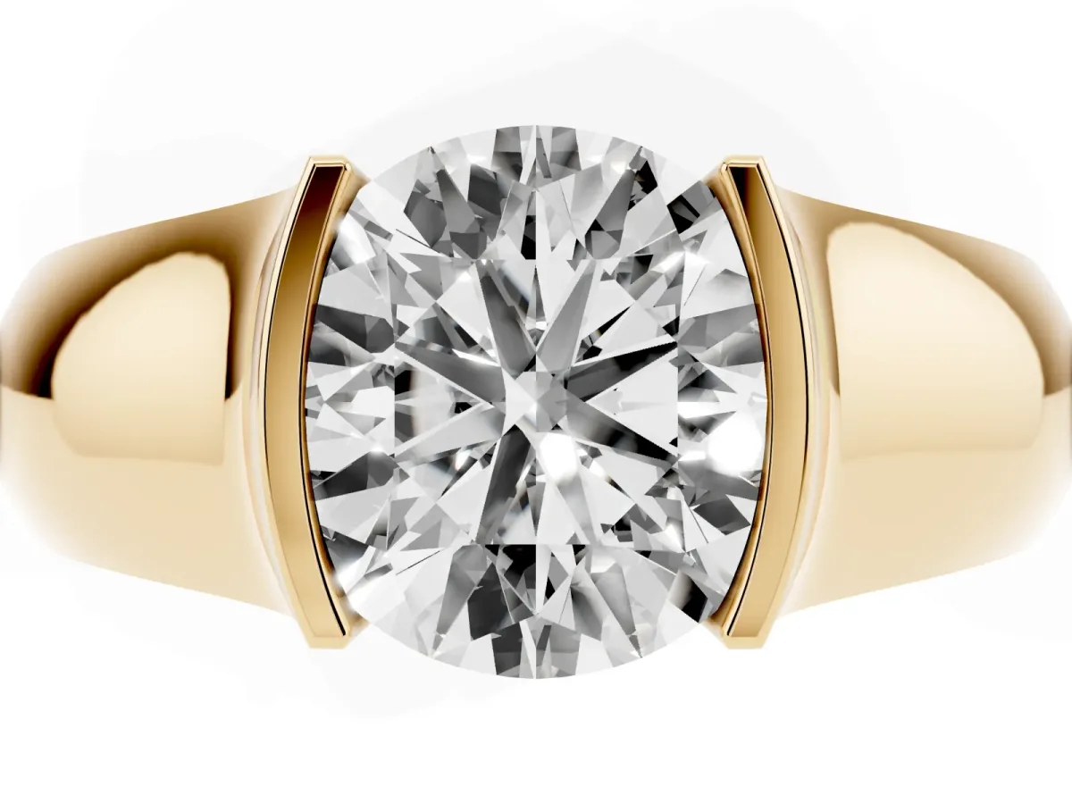 Round Cut Solitaire Bezel Set Diamond Ring with Wide Band Yellow gold