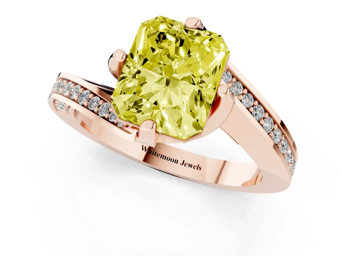 Fancy Yellow Radiant Cut Solitaire Diamond Twist Band with Pavé Setting and Four-Prong Setting Rose gold