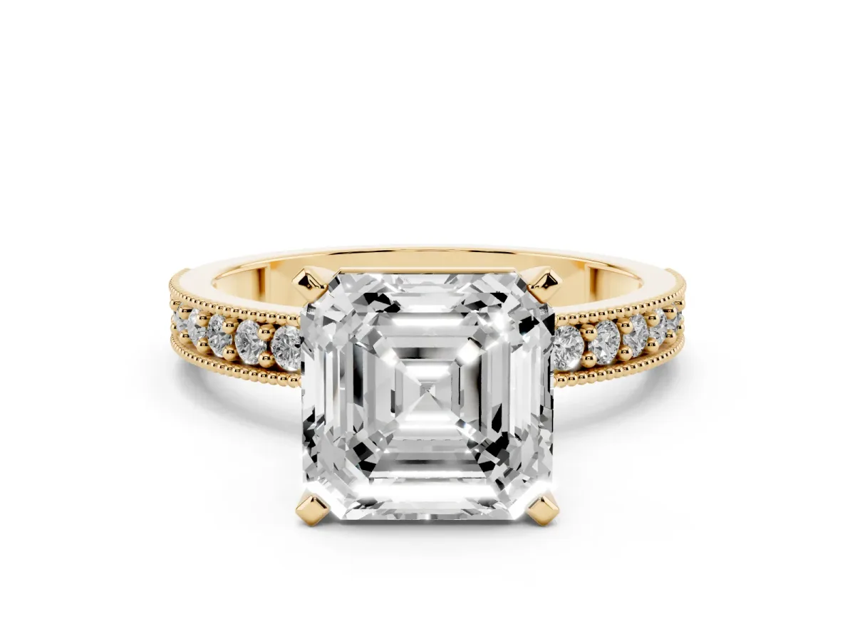 Asscher Cut Diamond Milgrain Pavé Engagement Ring with Four-Prong Setting Yellow gold