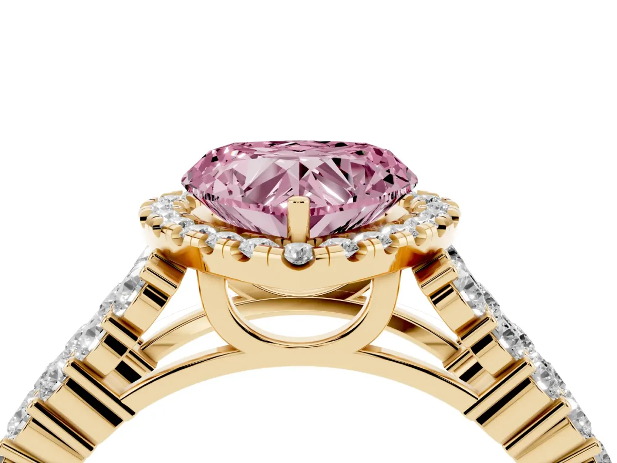 Fancy Pink Heart Cut Diamond Halo Engagement Ring with Triple Row Round Pavé Band and Prong Setting Yellow gold