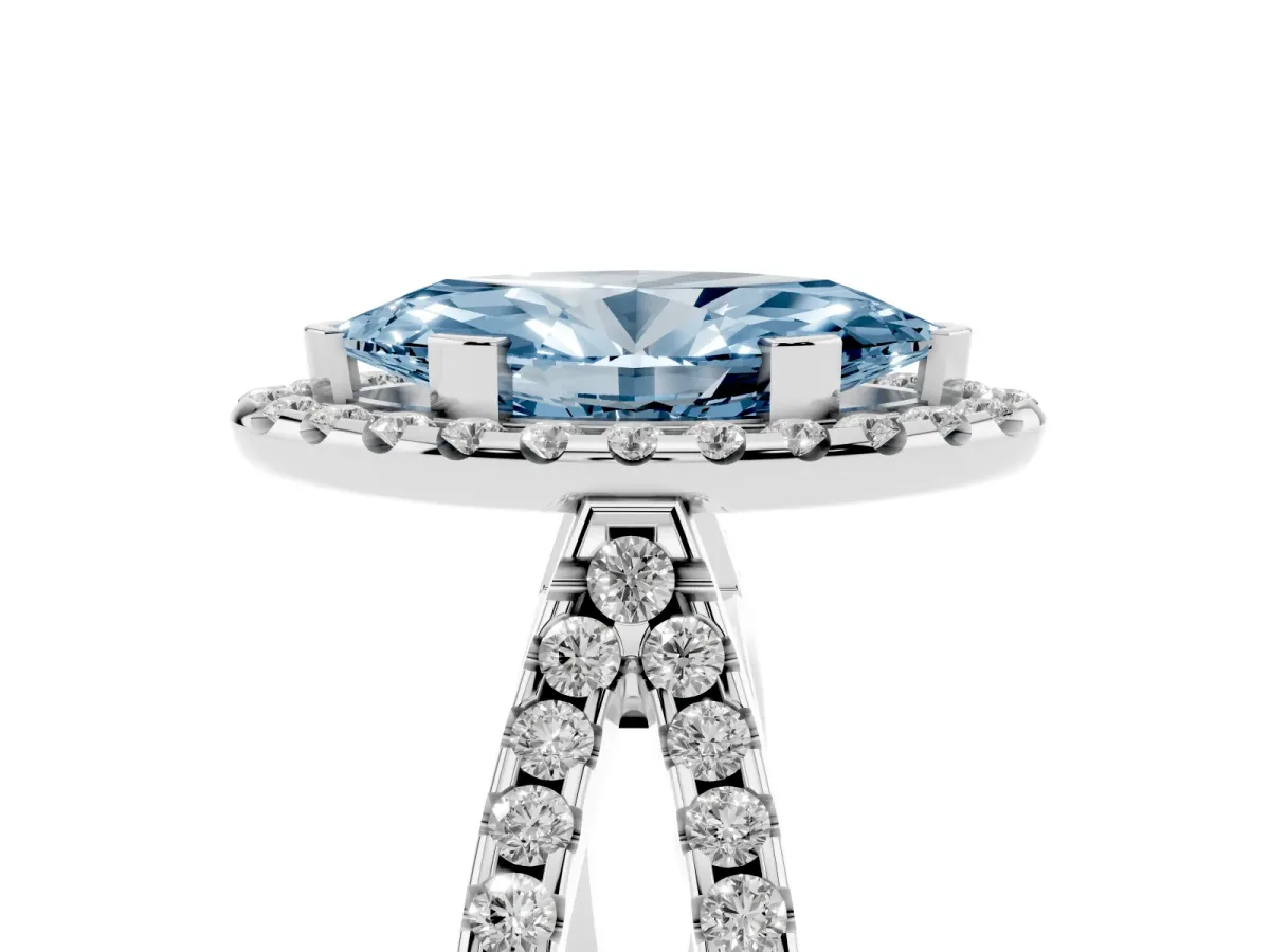 Fancy Blue Marquise Cut Diamond Halo Ring with Split Shank Pavé Band and Prong Setting Silver