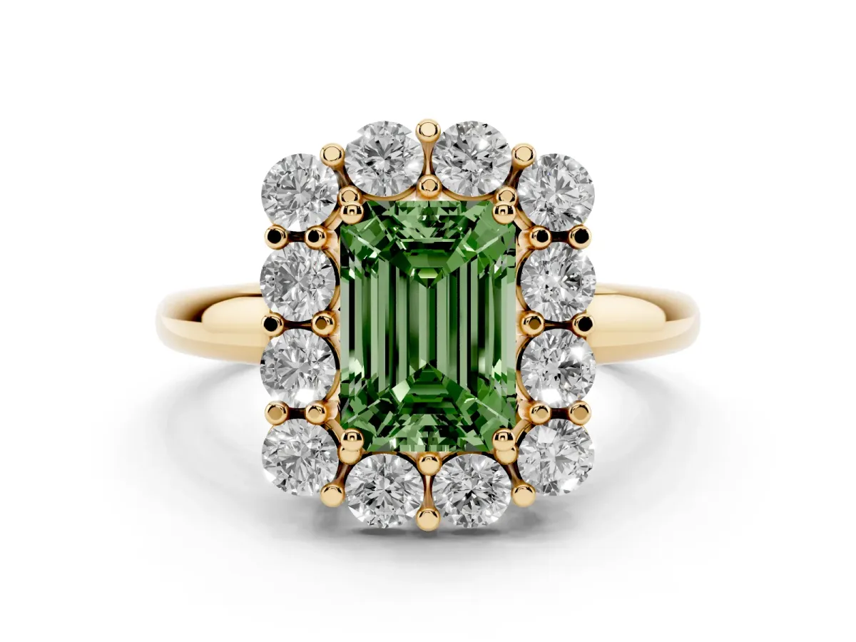 Fancy Green Emerald Cut Halo Cluster Diamond Engagement Ring with Prong Setting and Polished Band Yellow gold