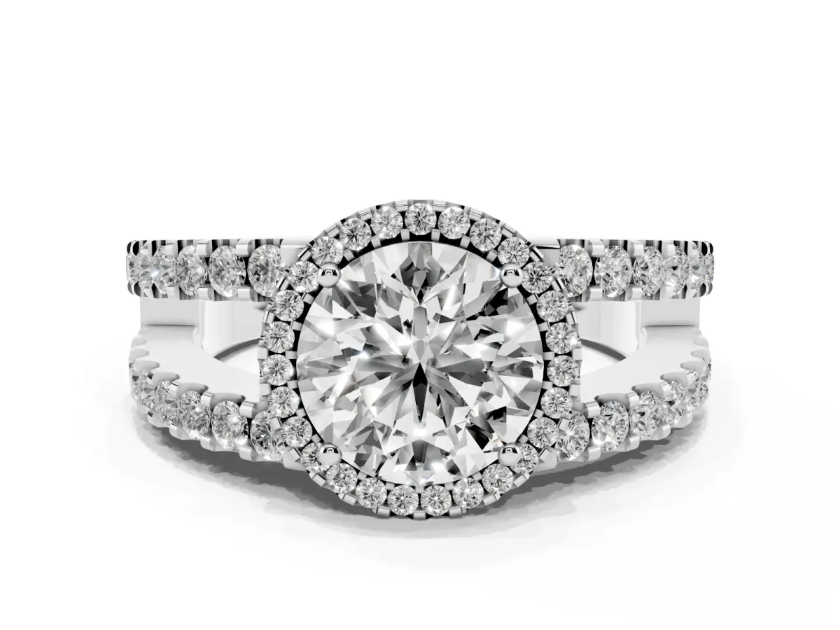 Round Cut Cut Halo Split Shank Diamond Ring with Four-Prong Setting Platinum