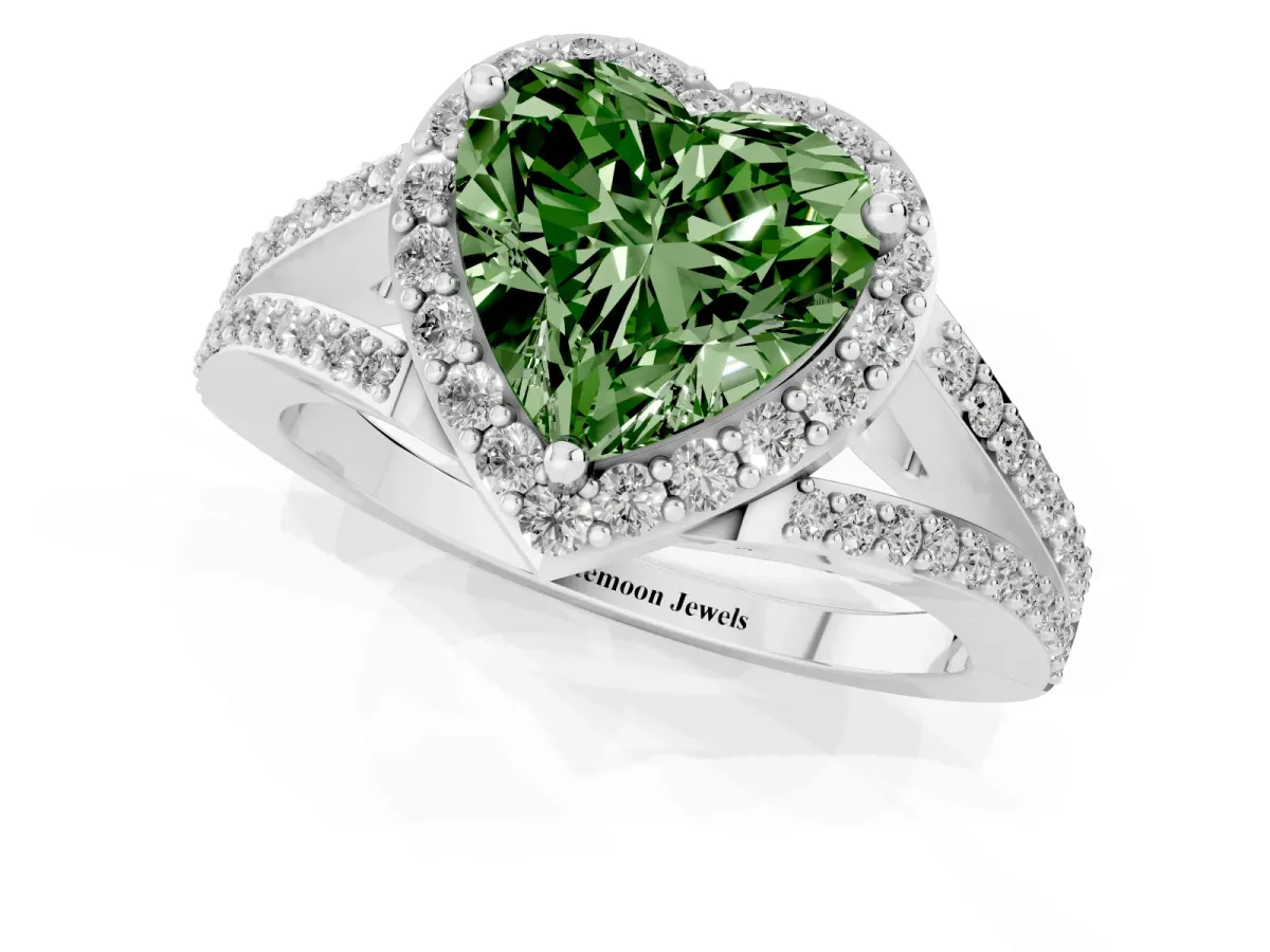 Fancy Green Heart Cut Halo Split Shank Pave Diamond Ring with Four-Prong Setting Platinum