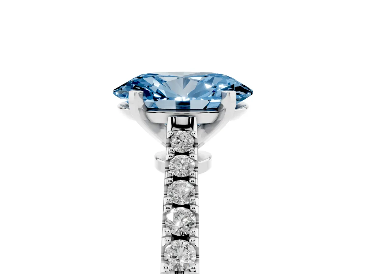 Fancy Blue Oval Cut Cut Solitaire Diamond Engagement Ring with Pave Band and Four-Prong Setting Platinum