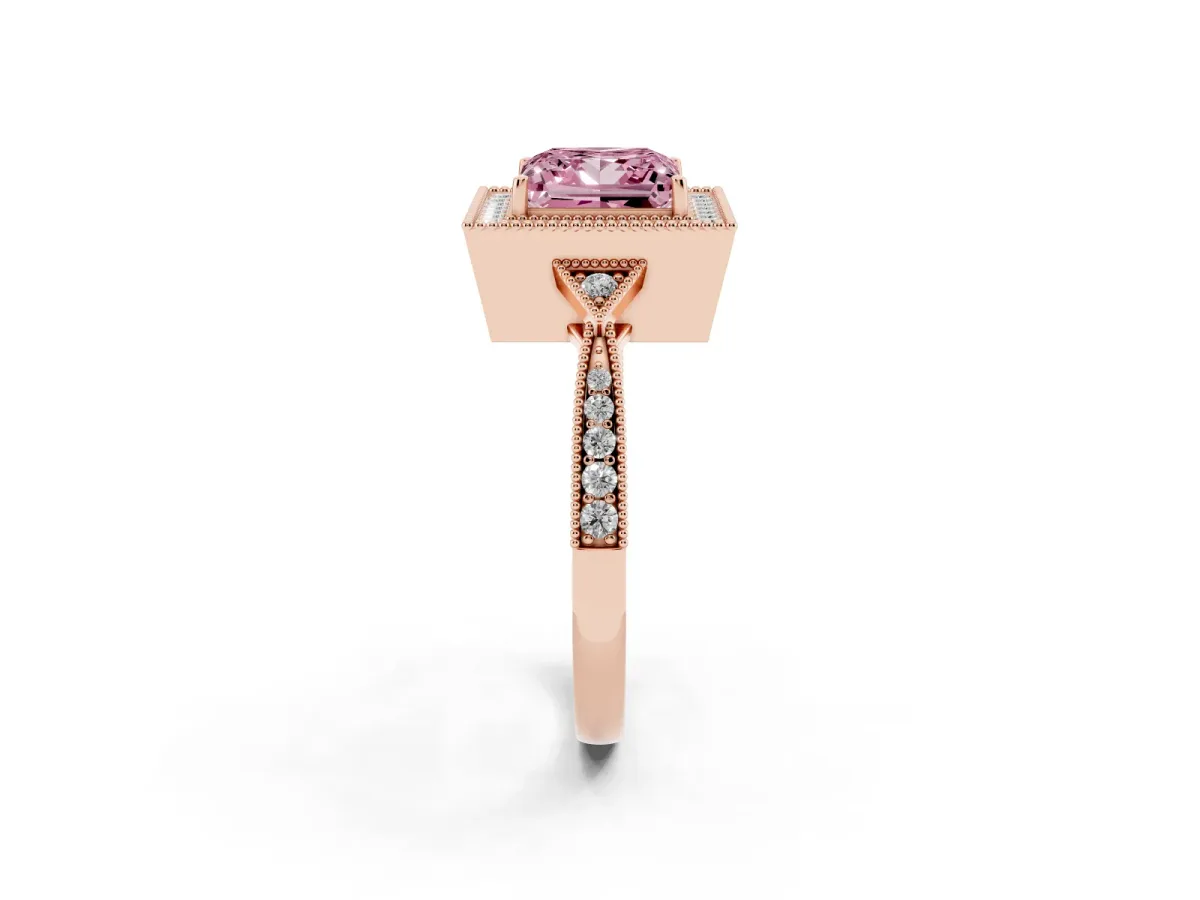 Fancy Pink Princess Cut Halo Round Diamond Milgrain Pave Engagement Ring Rose gold