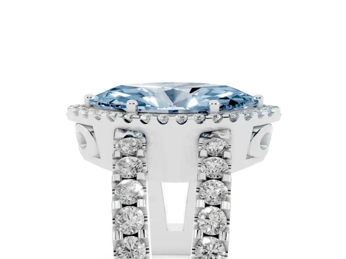 Fancy Blue Marquise Cut Cut Halo Split Shank Diamond Ring with Four-Prong Setting Platinum