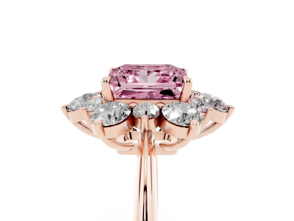 Fancy Pink Princess Cut Diamond Cluster Halo Ring with Solitaire Band and Four-Prong Setting Rose gold