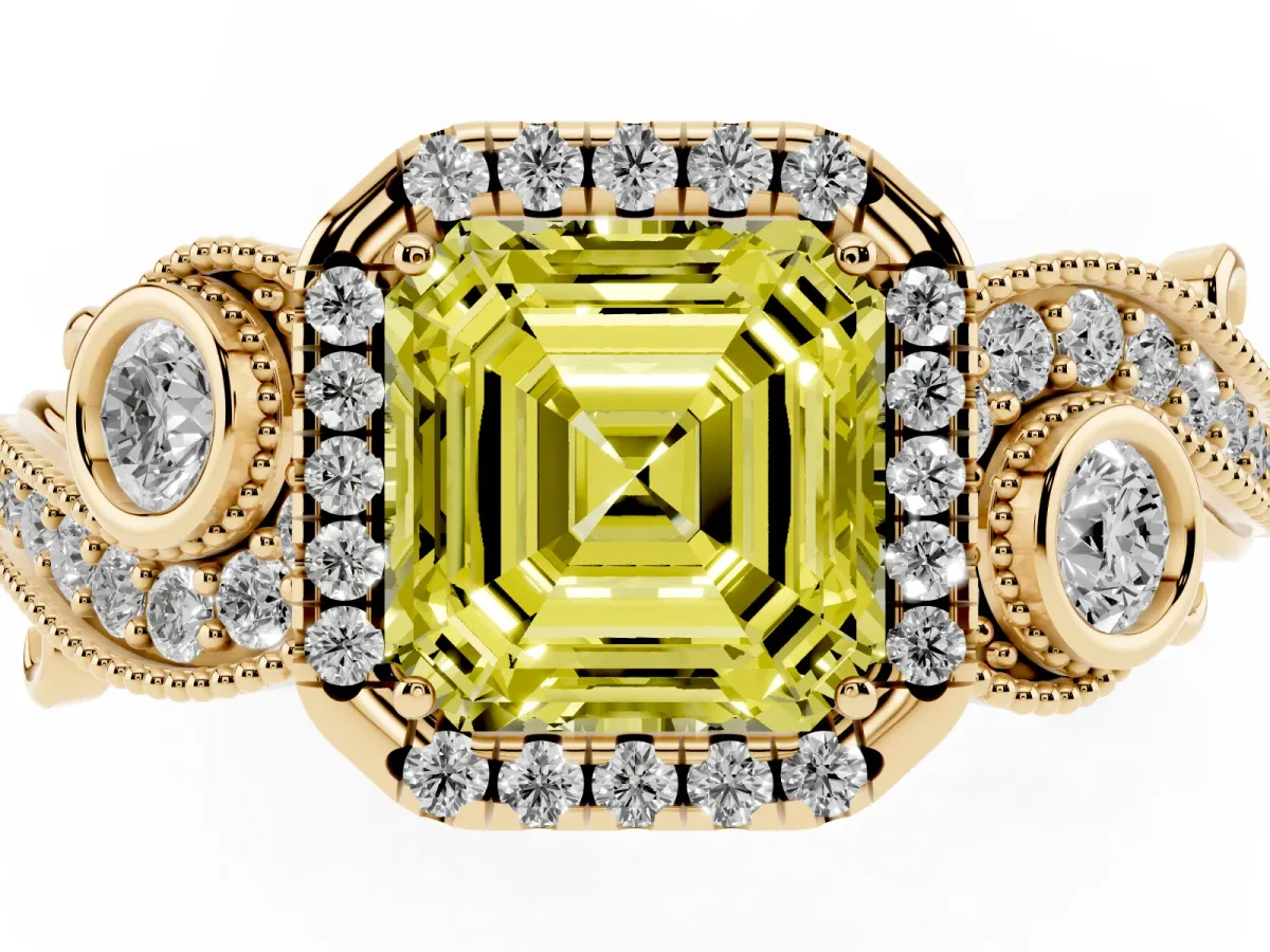 Fancy Yellow Asscher Cut Diamond Halo Ring with Milgrain Pavé Band and Four-Prong Setting Yellow gold