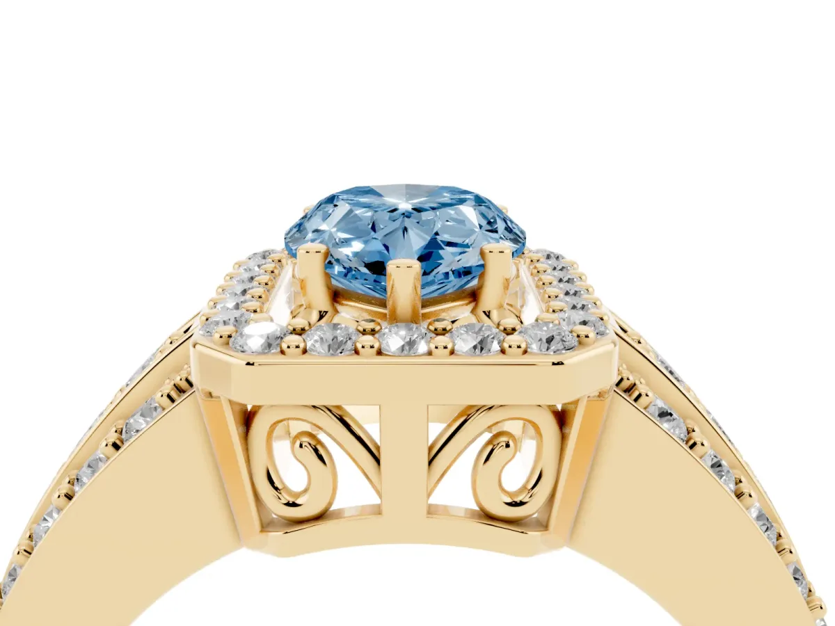 Fancy Blue Pear Cut Halo Diamond Ring with Round Split Shank and Prong Setting Yellow gold
