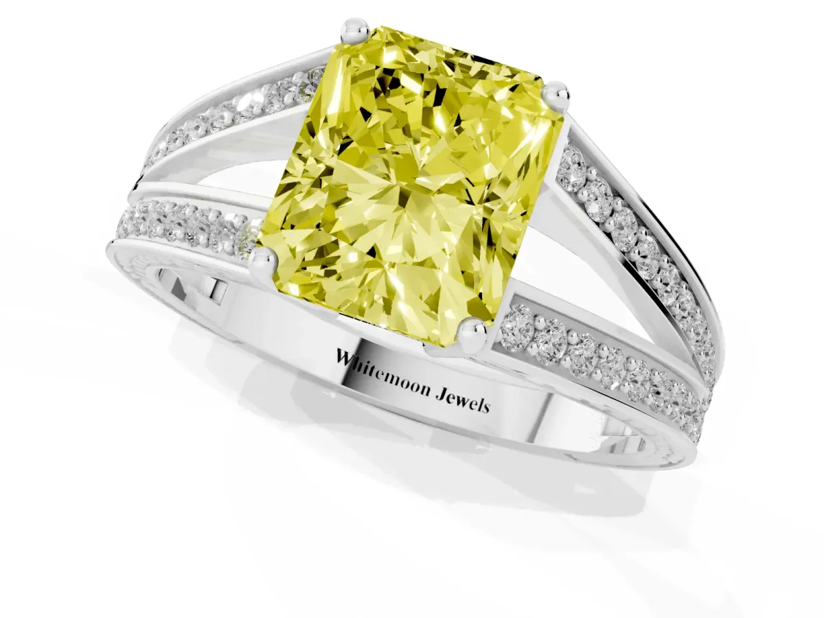 Fancy Yellow Radiant Cut Diamond Split Shank Ring with Pavé Band and Four-Prong Setting Platinum