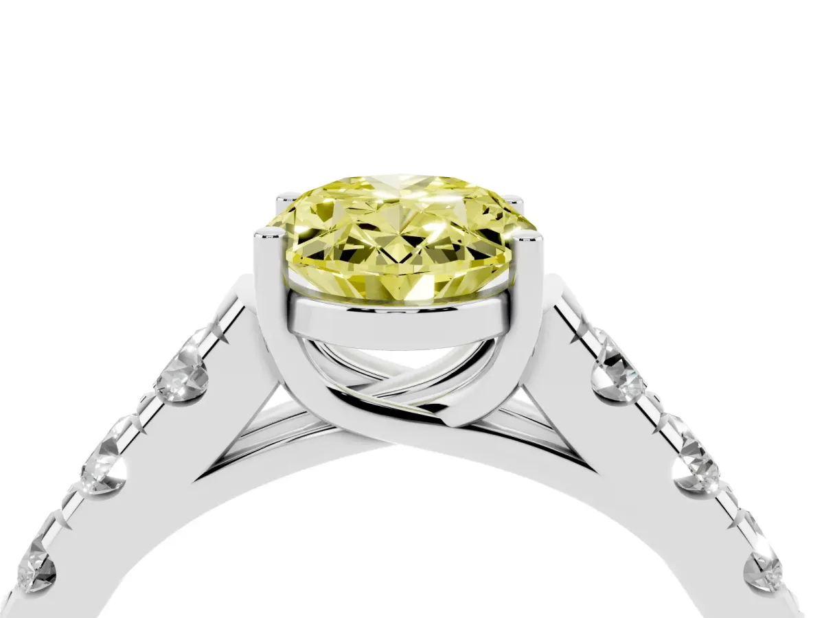 Fancy Yellow Oval Cut Cut Diamond Solitaire Ring with Micro Pave Band and Prong Setting Platinum