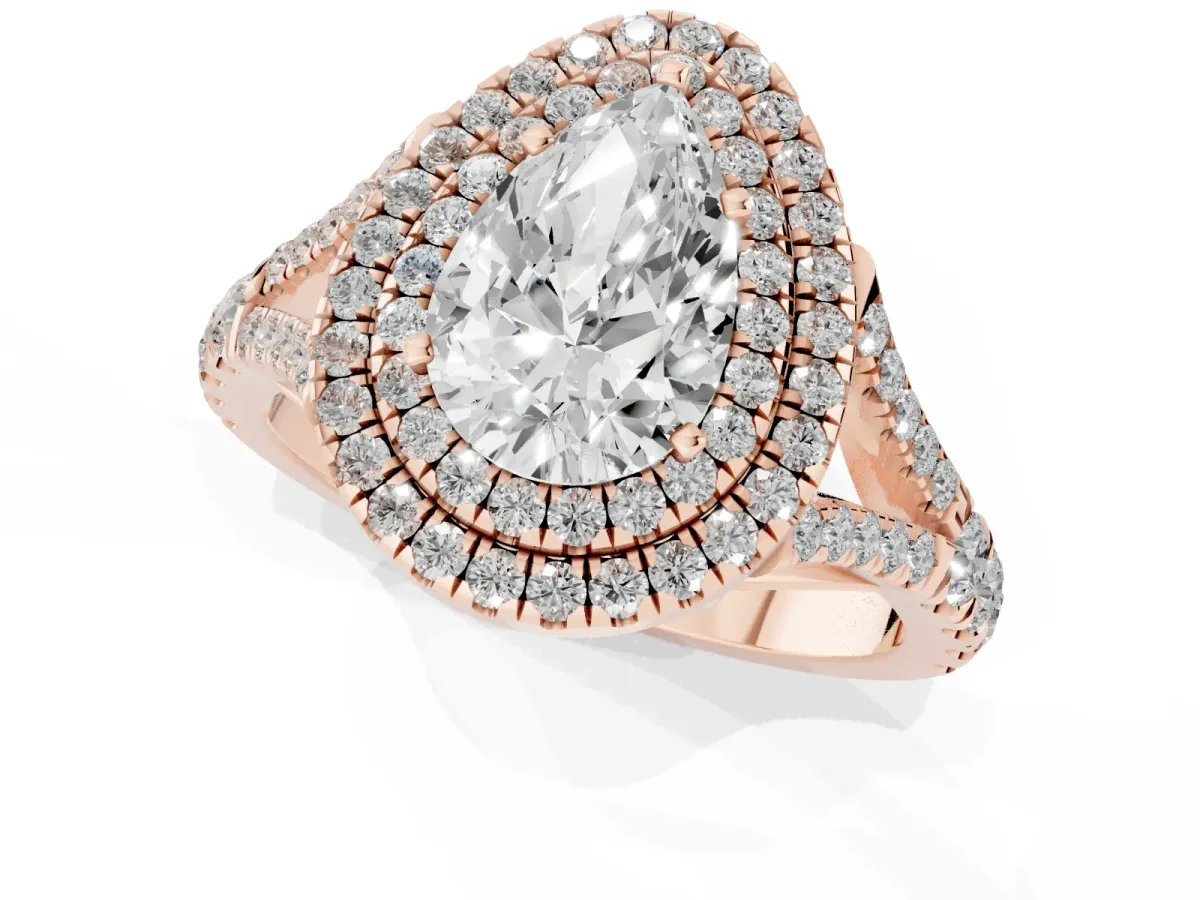 Pear Cut Cut Double Halo Split Shank Diamond Ring with Prong Setting Rose gold