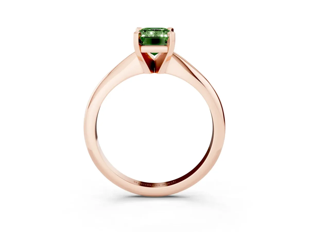 Fancy Green Emerald Cut Cut Solitaire Ring with Four-Prong Setting on a Classic Band Rose gold