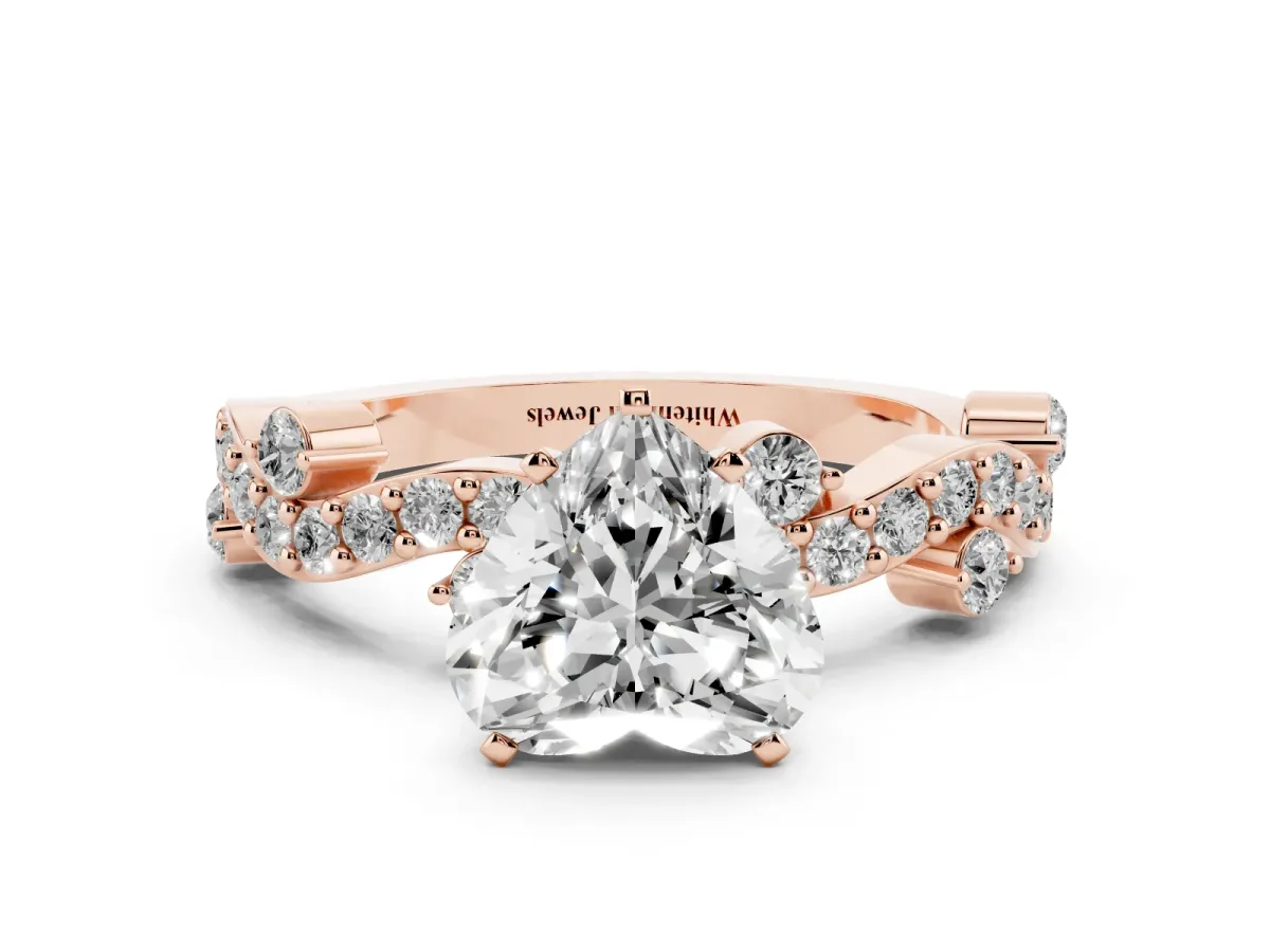 Heart Cut Cut Solitaire Diamond Twisted Band with Pave Setting Rose gold