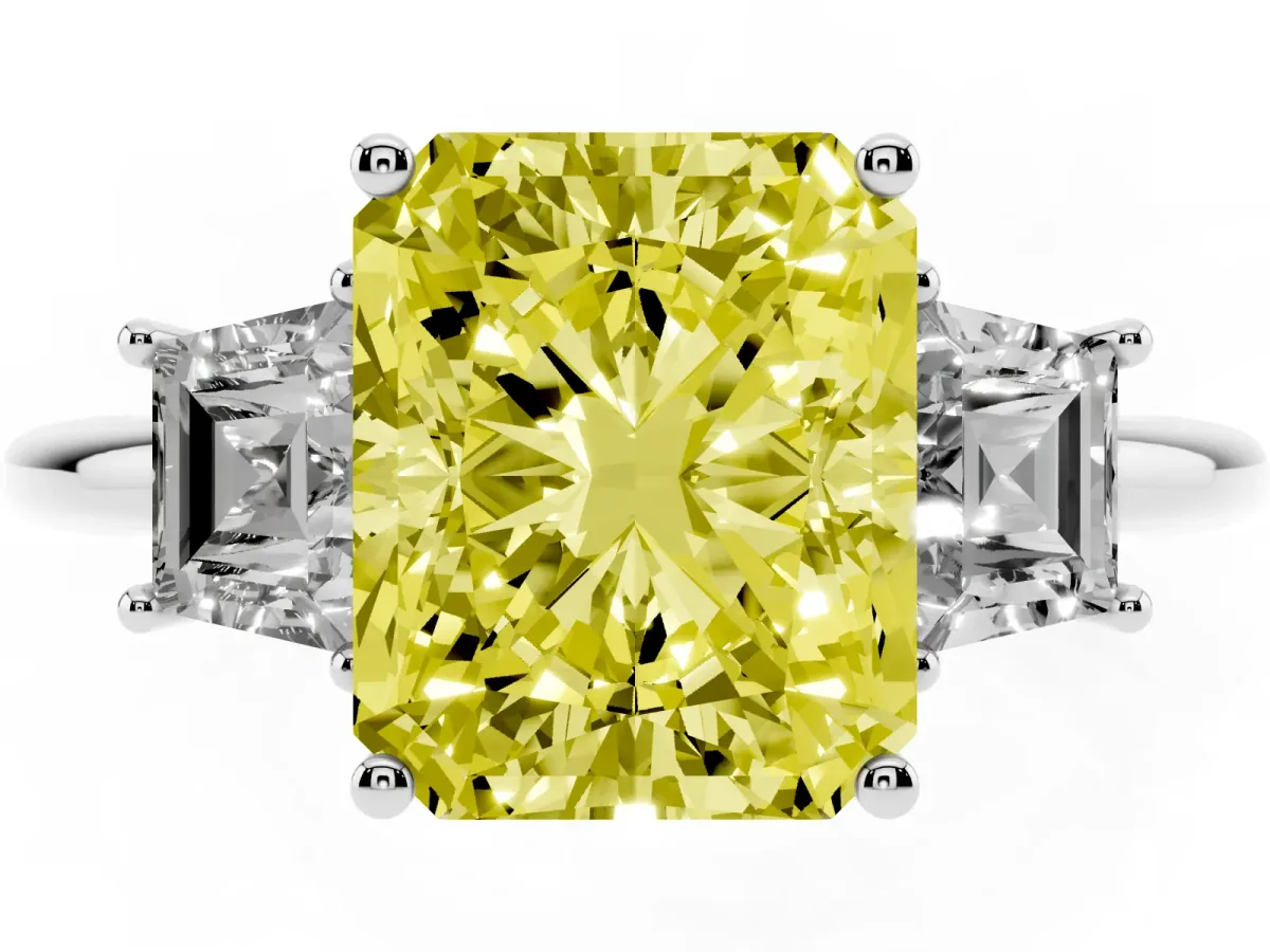 Fancy Yellow Radiant Cut Diamond Three-Stone Ring with Trapezoid Side Stones and Prong Setting Silver