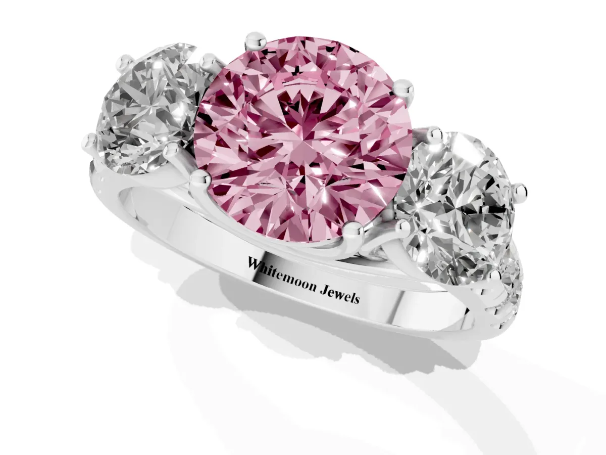 Fancy Pink Three-Stone Round Cut Diamond Pavé Band with Prong Setting Platinum