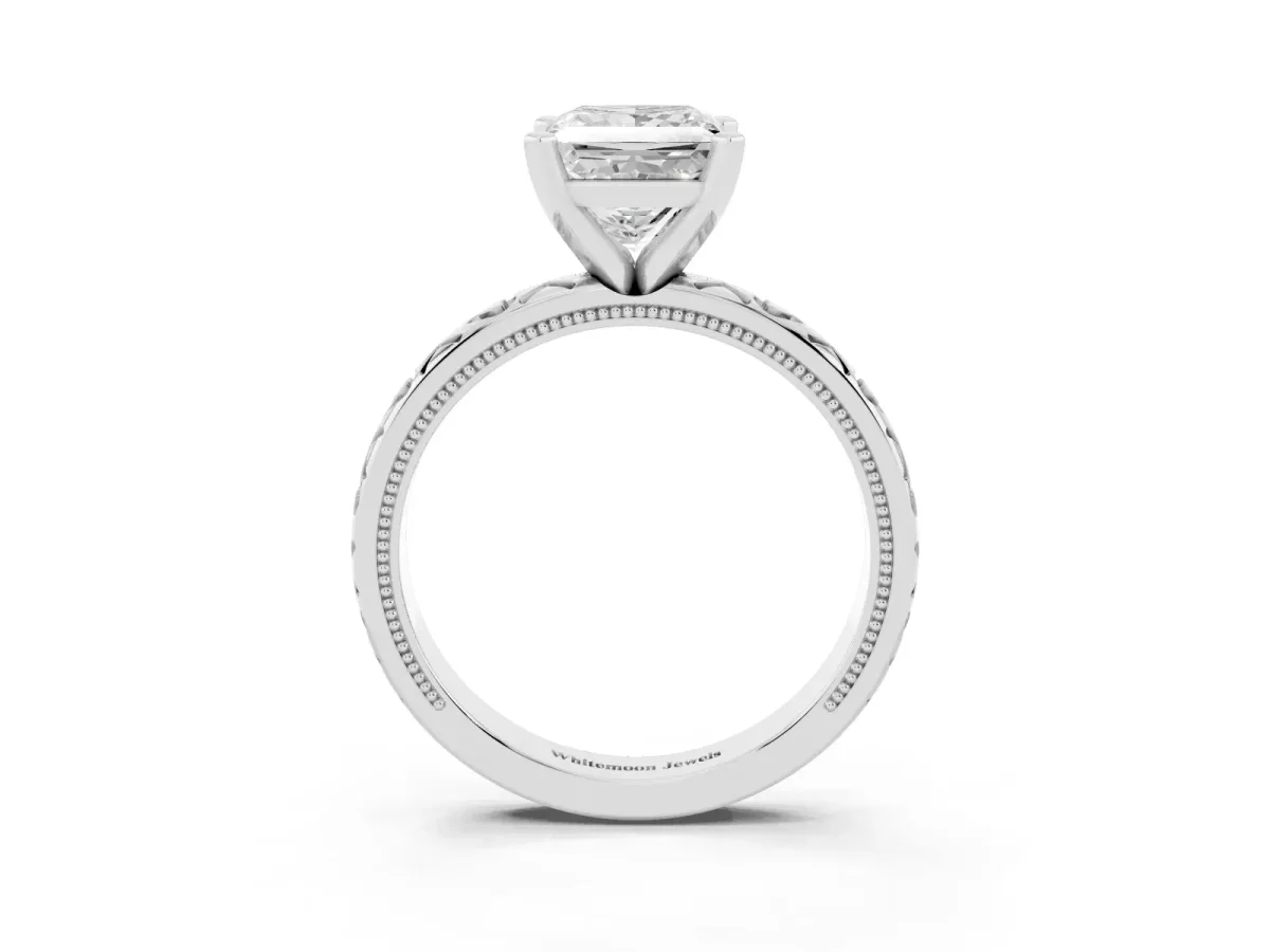 Princess Cut Solitaire Diamond Engagement Ring with XO Engraved Band and Four-Prong Setting White gold