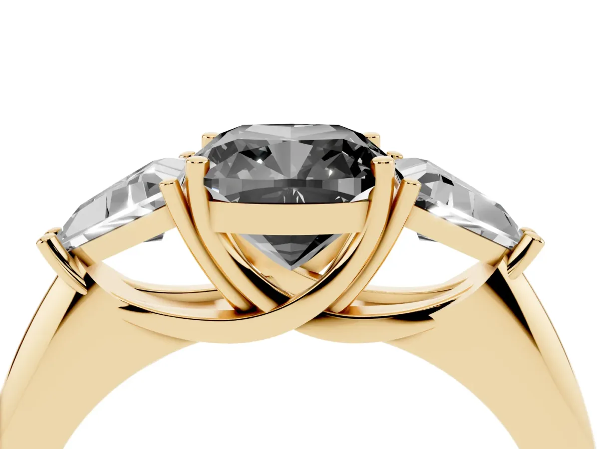 Fancy Black Three-Stone Cushion Cut Diamond Engagement Ring with Trillion Side Stones and Prong Setting Yellow gold