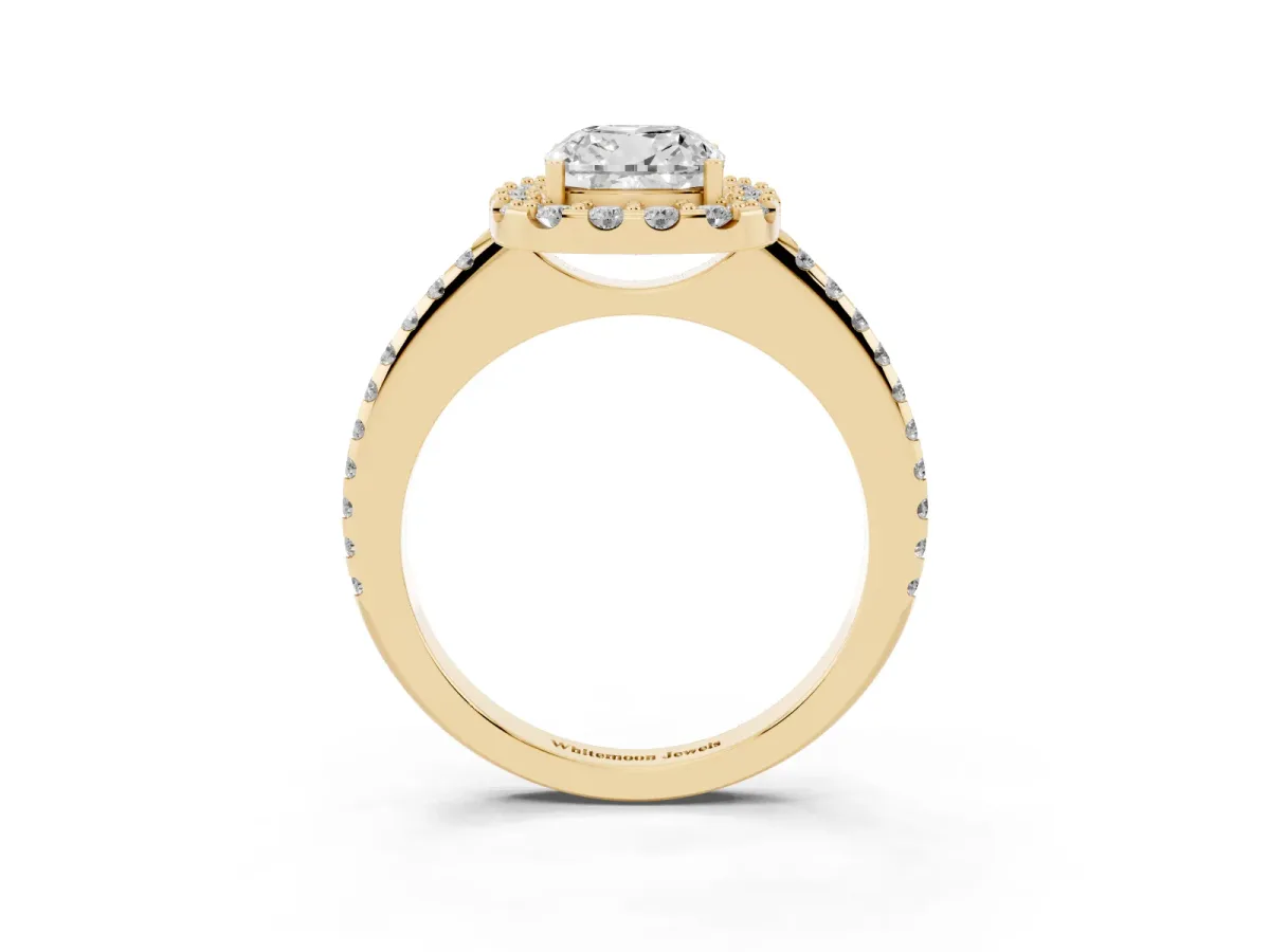 Cushion Cut Diamond Pavé Halo Ring with Four-Prong Setting Yellow gold