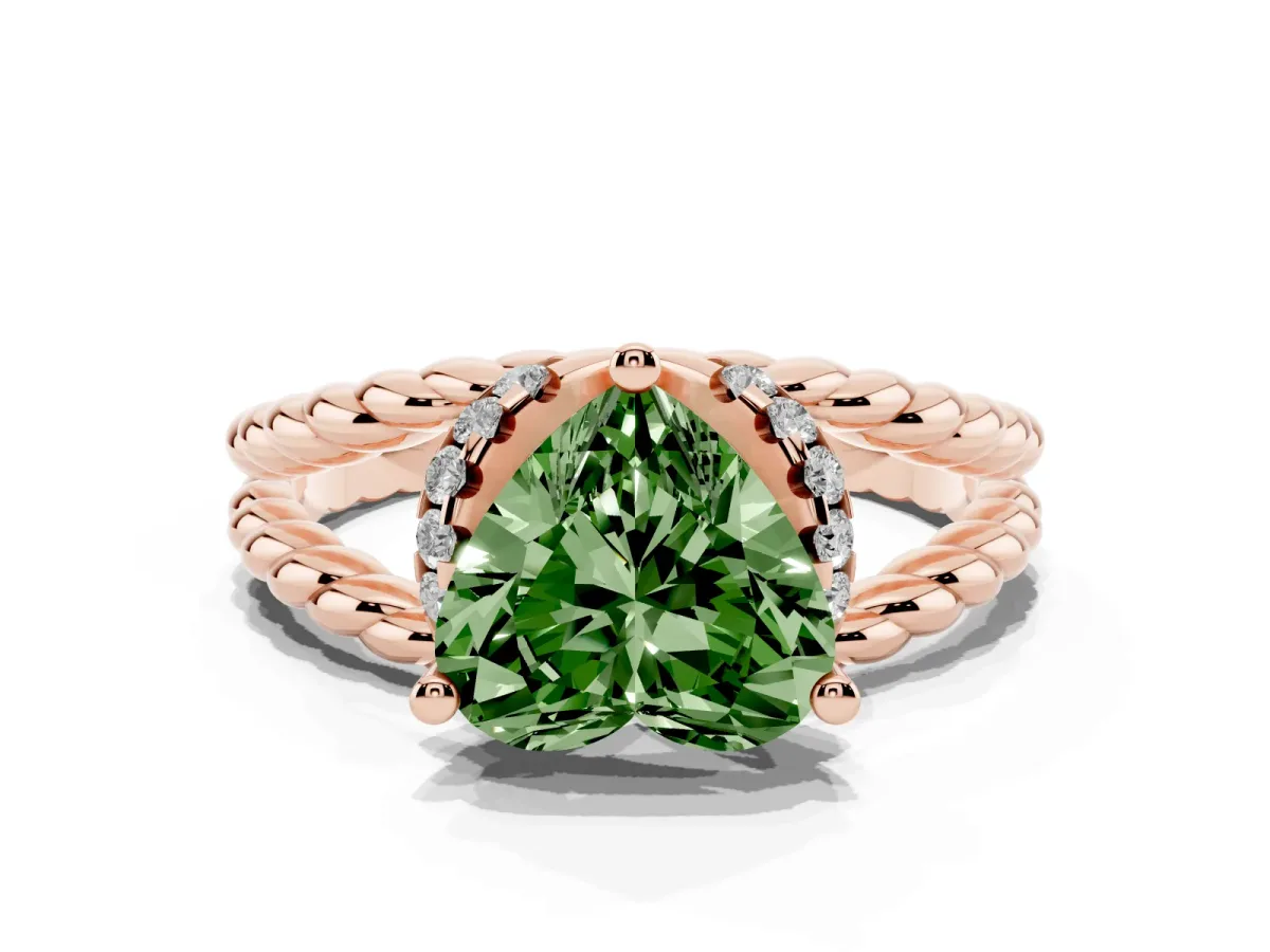 Fancy Green Heart Cut Halo Twisted Band Four-Prong Ring Rose gold