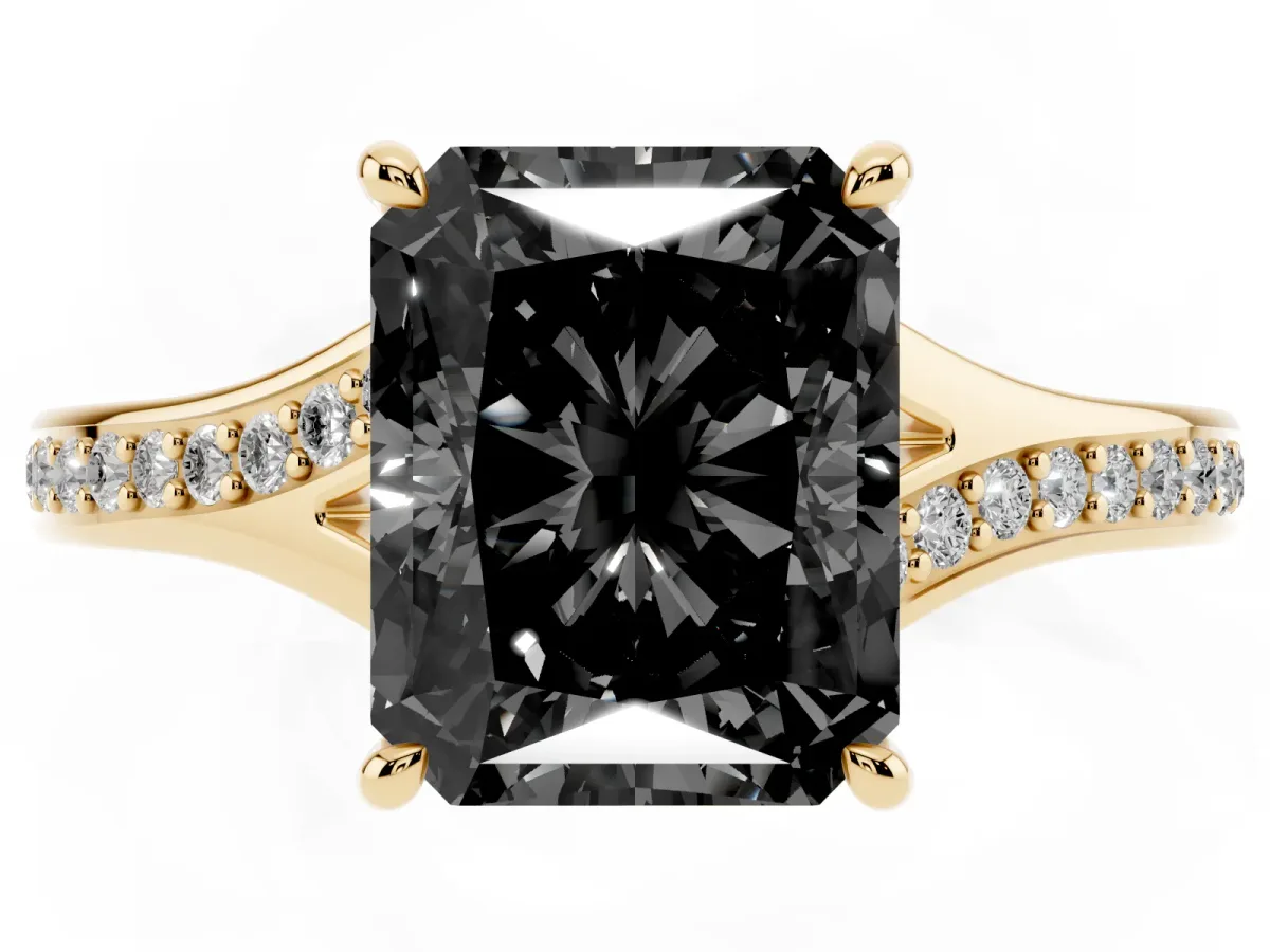 Fancy Black Radiant Cut Diamond Solitaire Ring with Pavé Band and Prong Setting Yellow gold