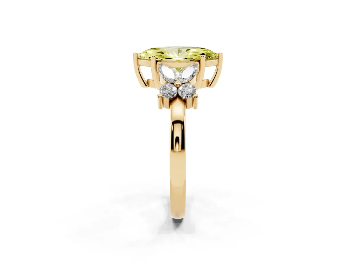 Fancy Yellow Marquise Cut Diamond Floral Cluster Ring with Solitaire Band and Prong Setting Yellow gold