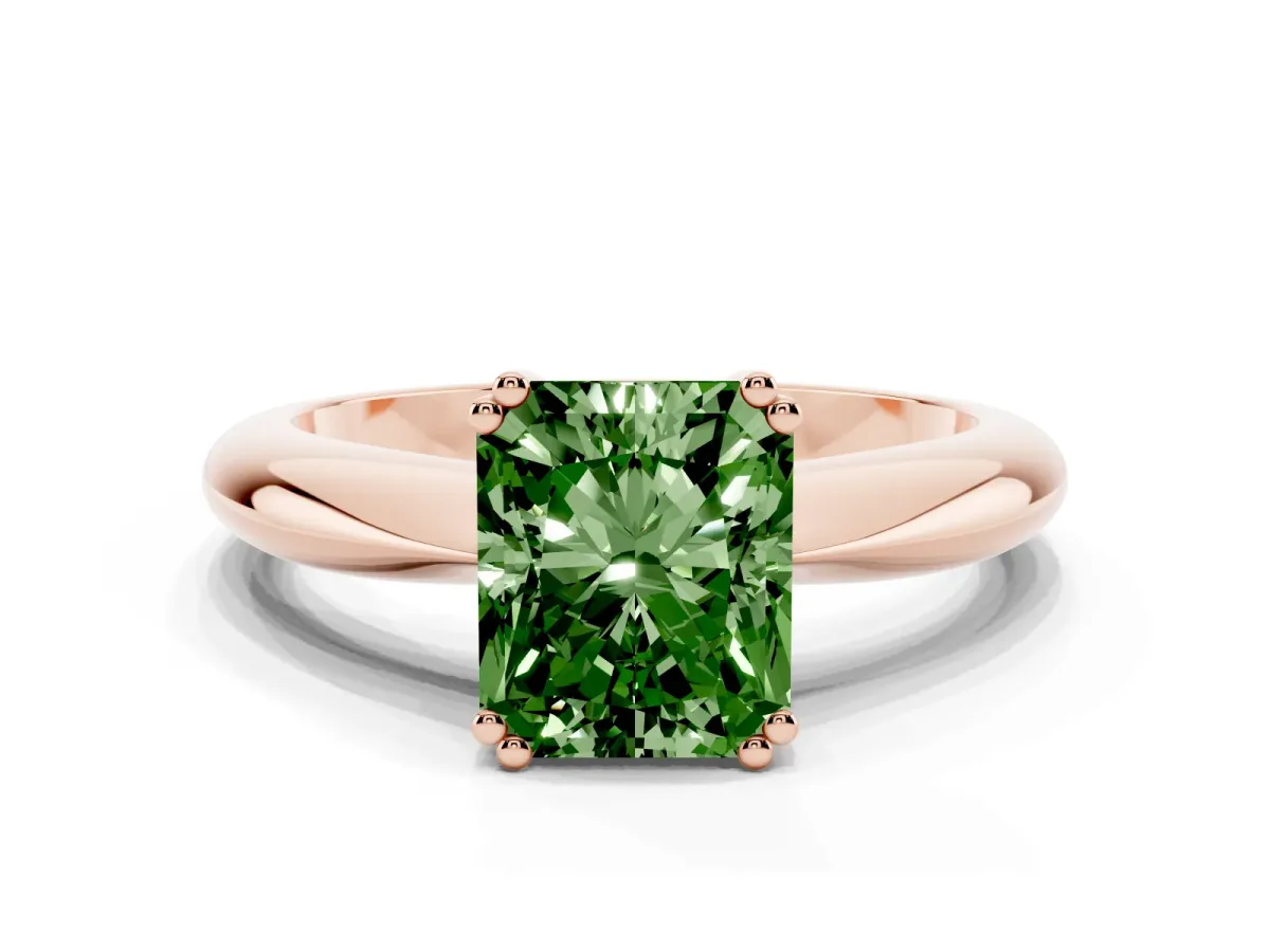Fancy Green Radiant Cut Cut Solitaire Engagement Ring with Tapered Band and Four-Prong Setting Rose gold