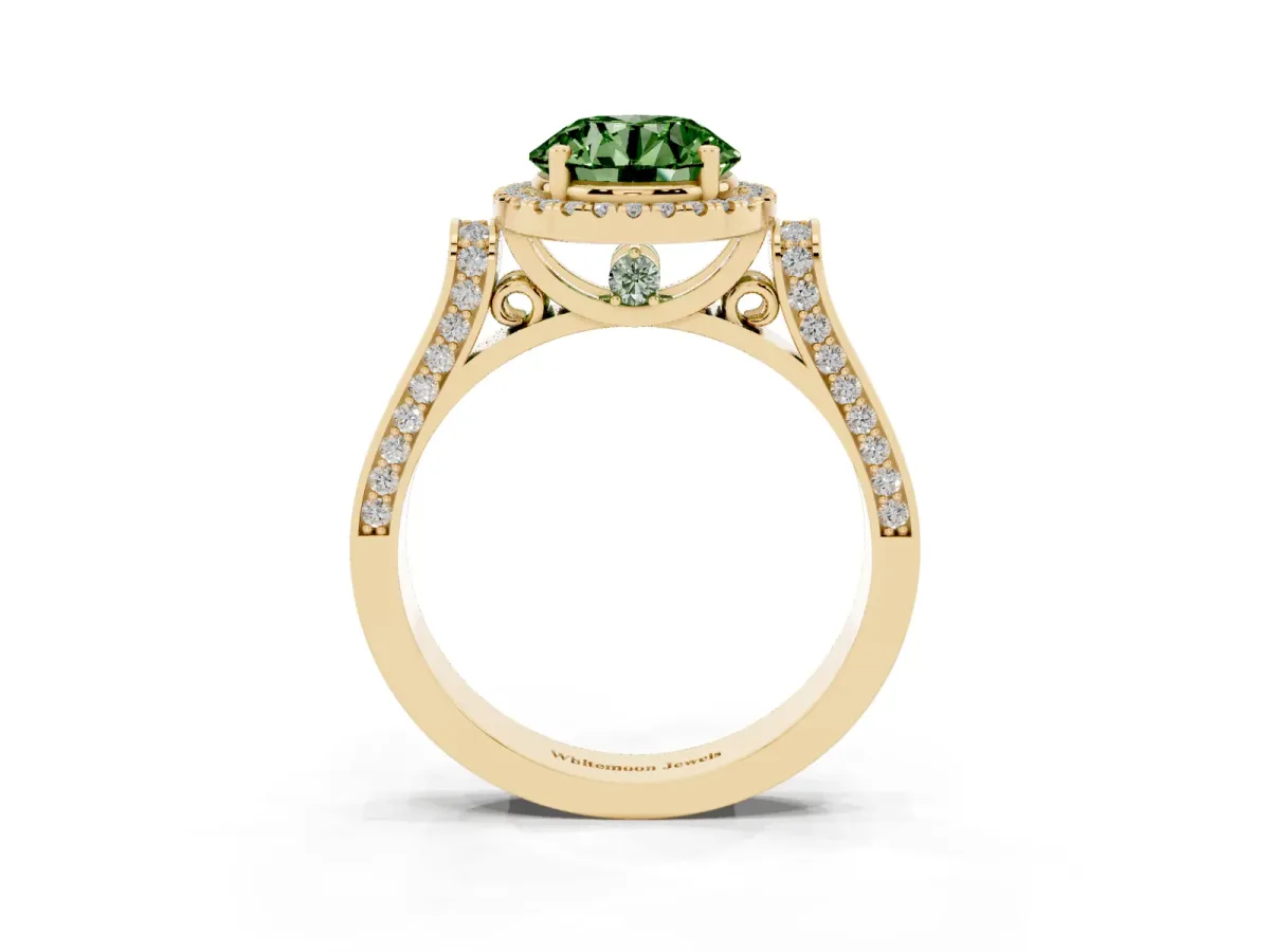 Fancy Green Round Cut Halo Round Diamond Twist Band with Four-Prong Setting Yellow gold