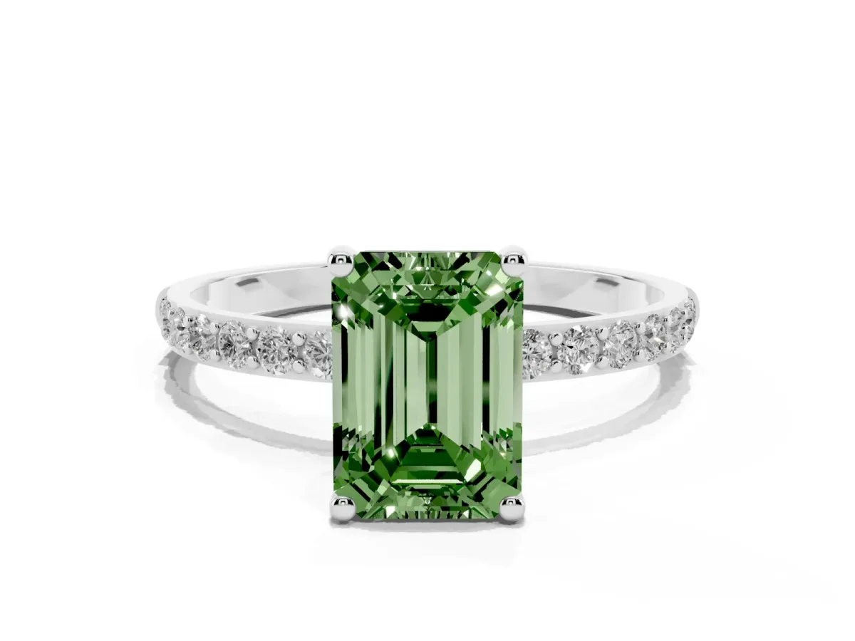 Fancy Green Emerald Cut Diamond Solitaire Ring with Round Pavé Shoulders and Prong Setting Silver