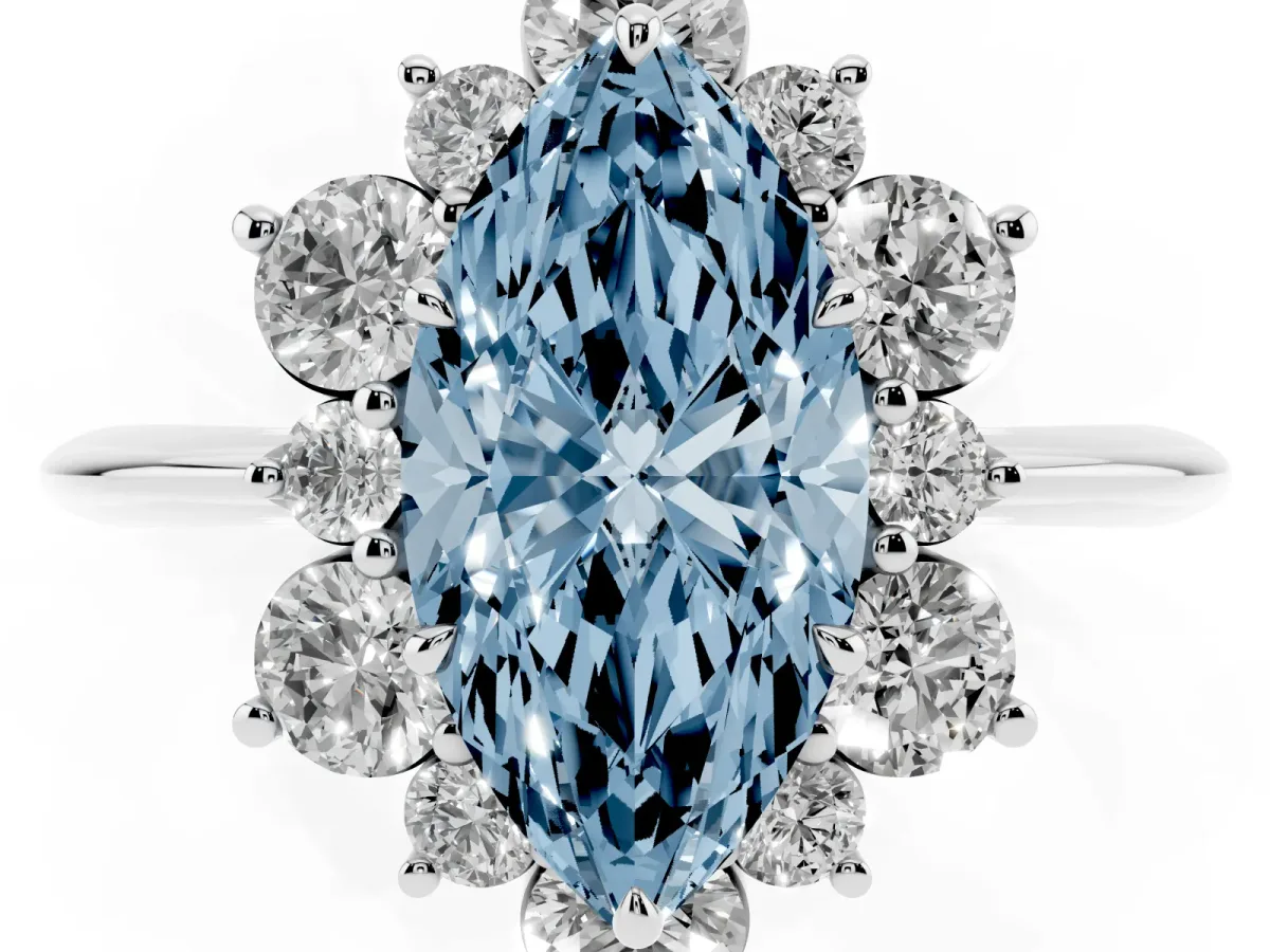 Fancy Blue Marquise Cut Diamond Cluster Halo Ring with Solitaire Band and Four-Prong Setting White gold