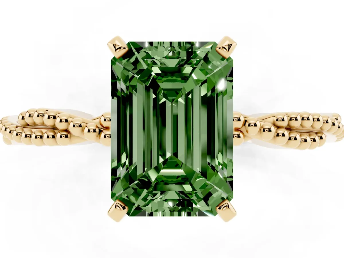 Fancy Green Emerald Cut Solitaire Twisted Band with Bead Prong Setting Yellow gold