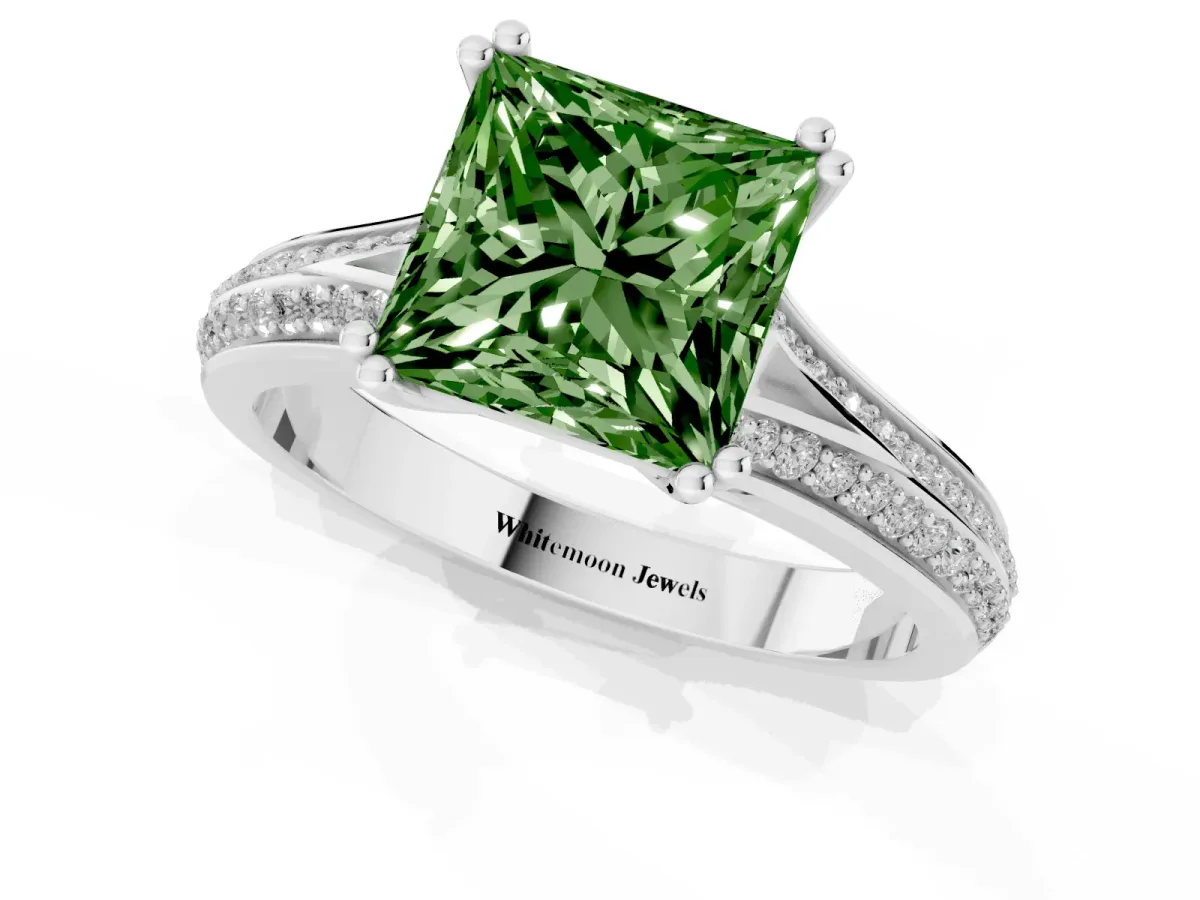 Fancy Green Princess Cut Diamond Split Shank Engagement Ring with Pavé Band Silver