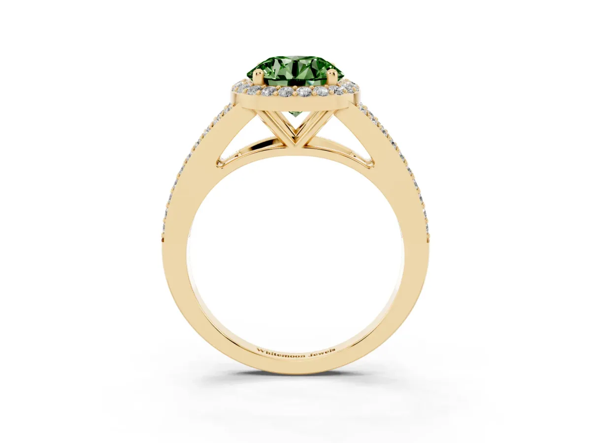 Fancy Green Round Cut Halo Split Shank Pave Diamond Ring with Four-Prong Setting Yellow gold