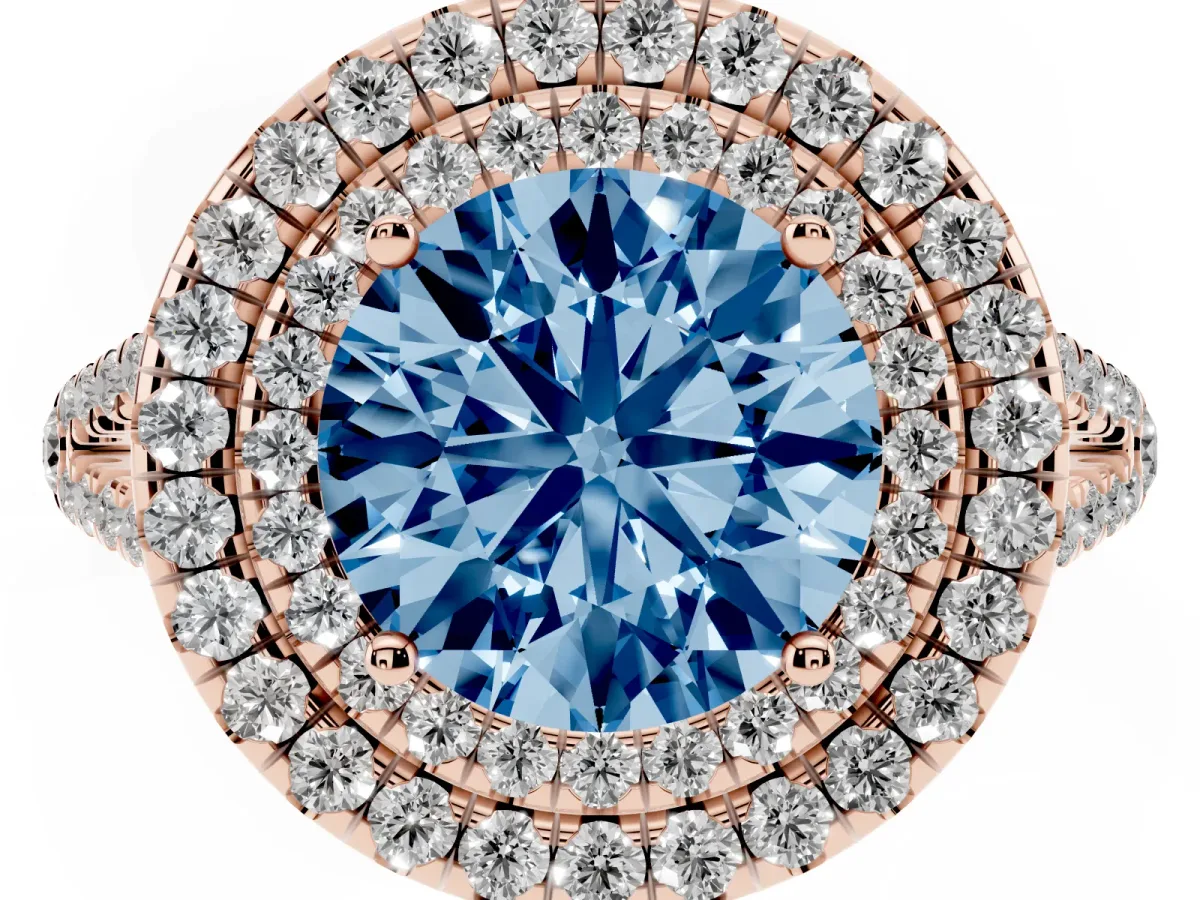 Fancy Blue Round Cut Diamond Double Halo Ring with Pavé Band and Prong Setting Rose gold