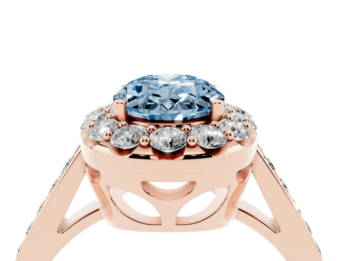 Fancy Blue Oval Cut Diamond Floral Halo Ring with Pavé Band and Prong Setting Rose gold