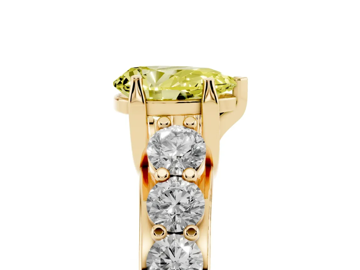Fancy Yellow Pear Cut Diamond Engagement Ring with Pavé Band and Four-Prong Setting Yellow gold