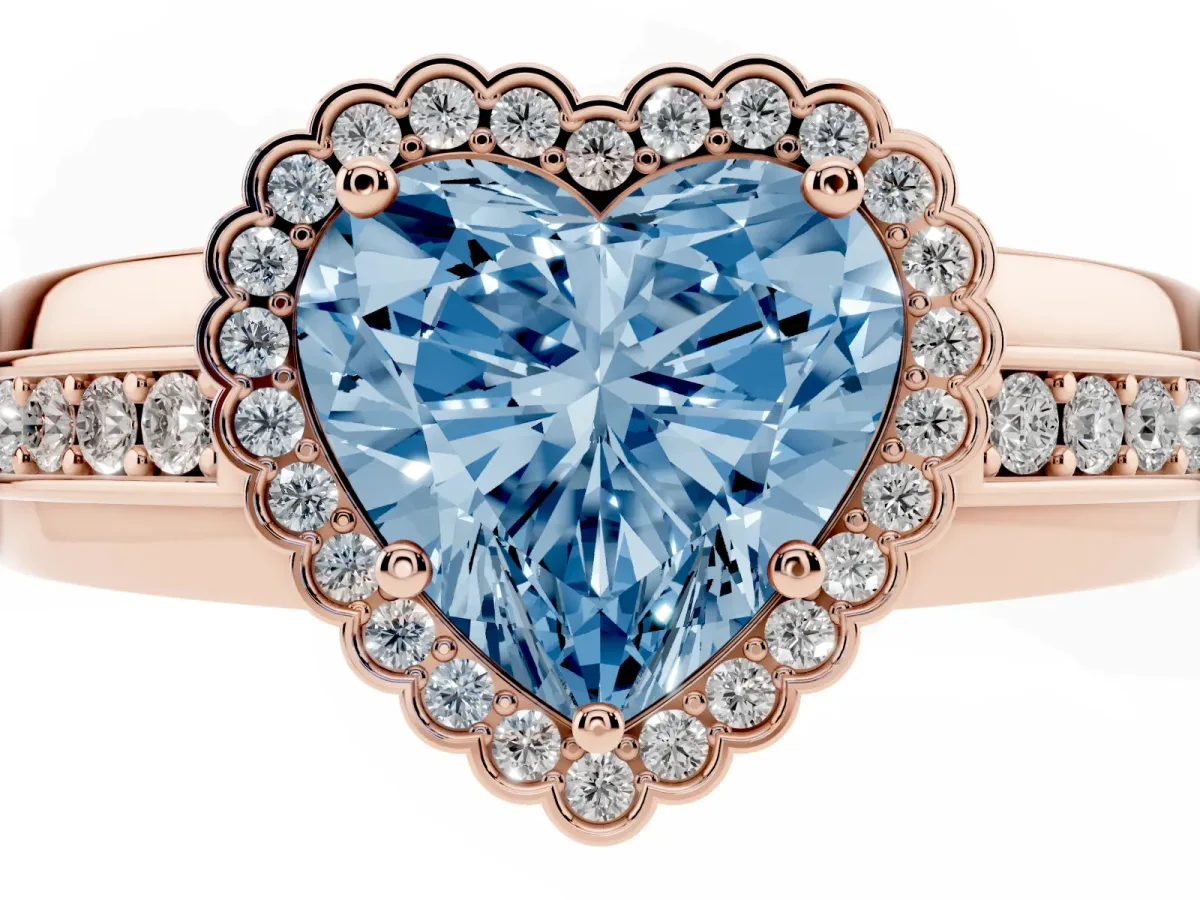 Fancy Blue Heart Cut Cut Halo Pave Band Four-Prong Ring Rose gold